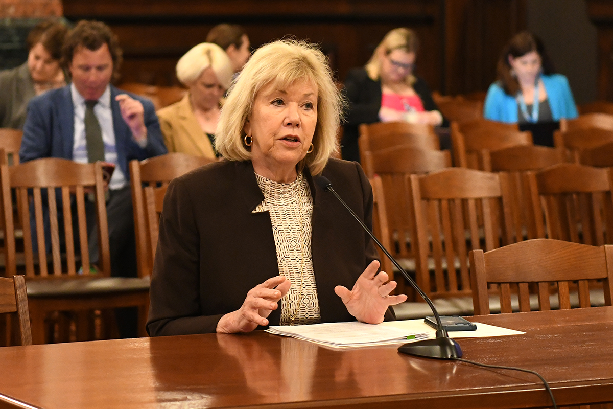 Senator Morrison sits at a table and speaks into a microphone while in a committee hearing.