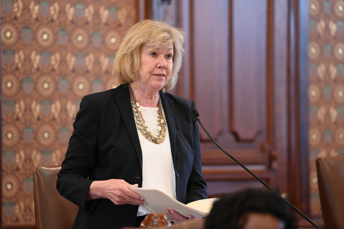 Senator Morrison holds an open file folder and speaks into a microphone while standing in the Senate chamber.