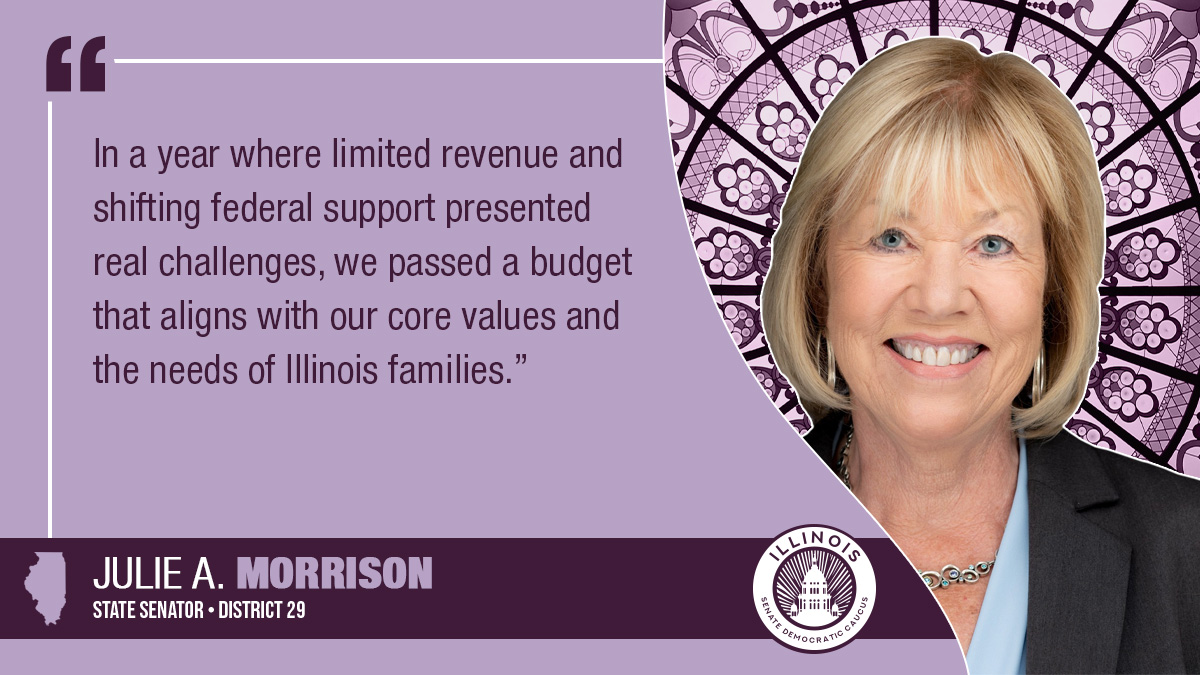 Senator Morrison next to text that says "In a year where limited revenue and shifting federal support presented real challenges, we passed a budget that aligns with our core values and the needs of Illinois families."