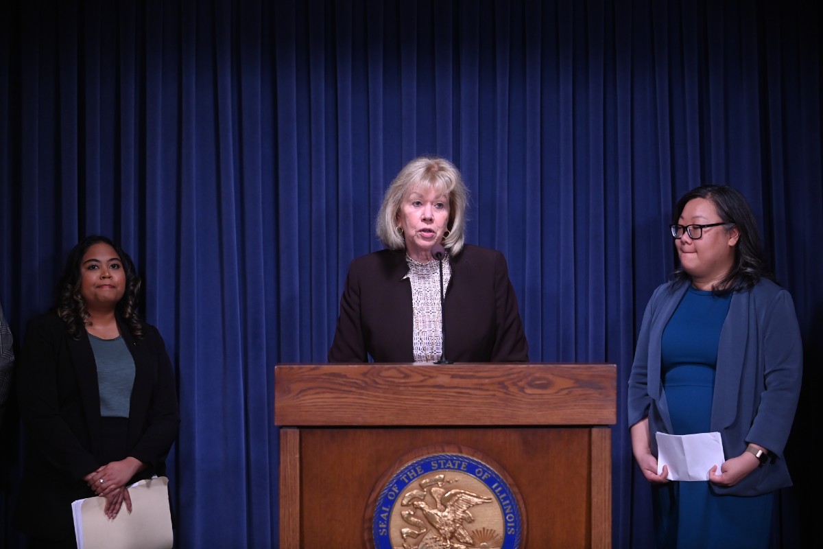 State Senator Julie Morrison giving a press conference on Senate Bill 2697
