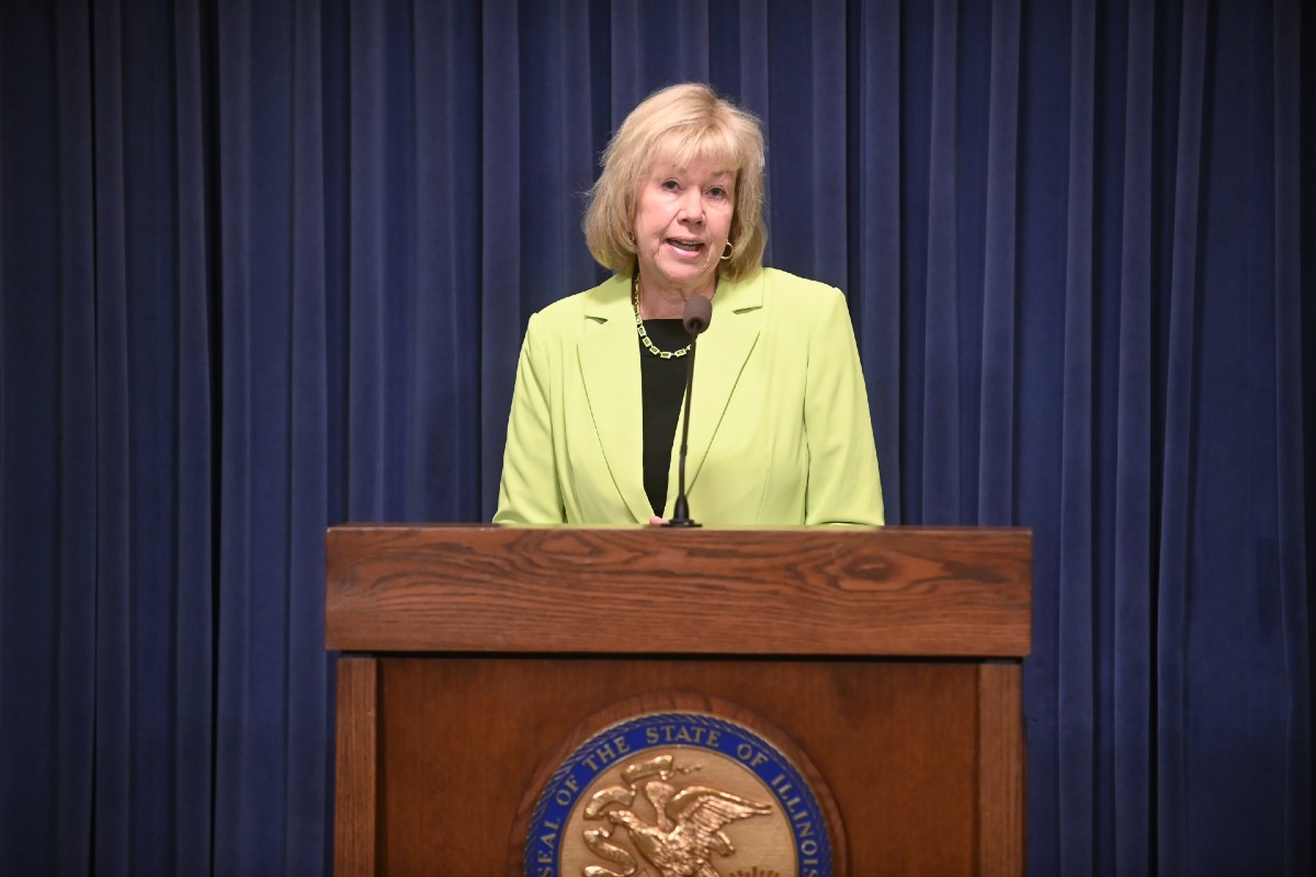 State Senator Julie Morrison giving a press conference in the Blue Room