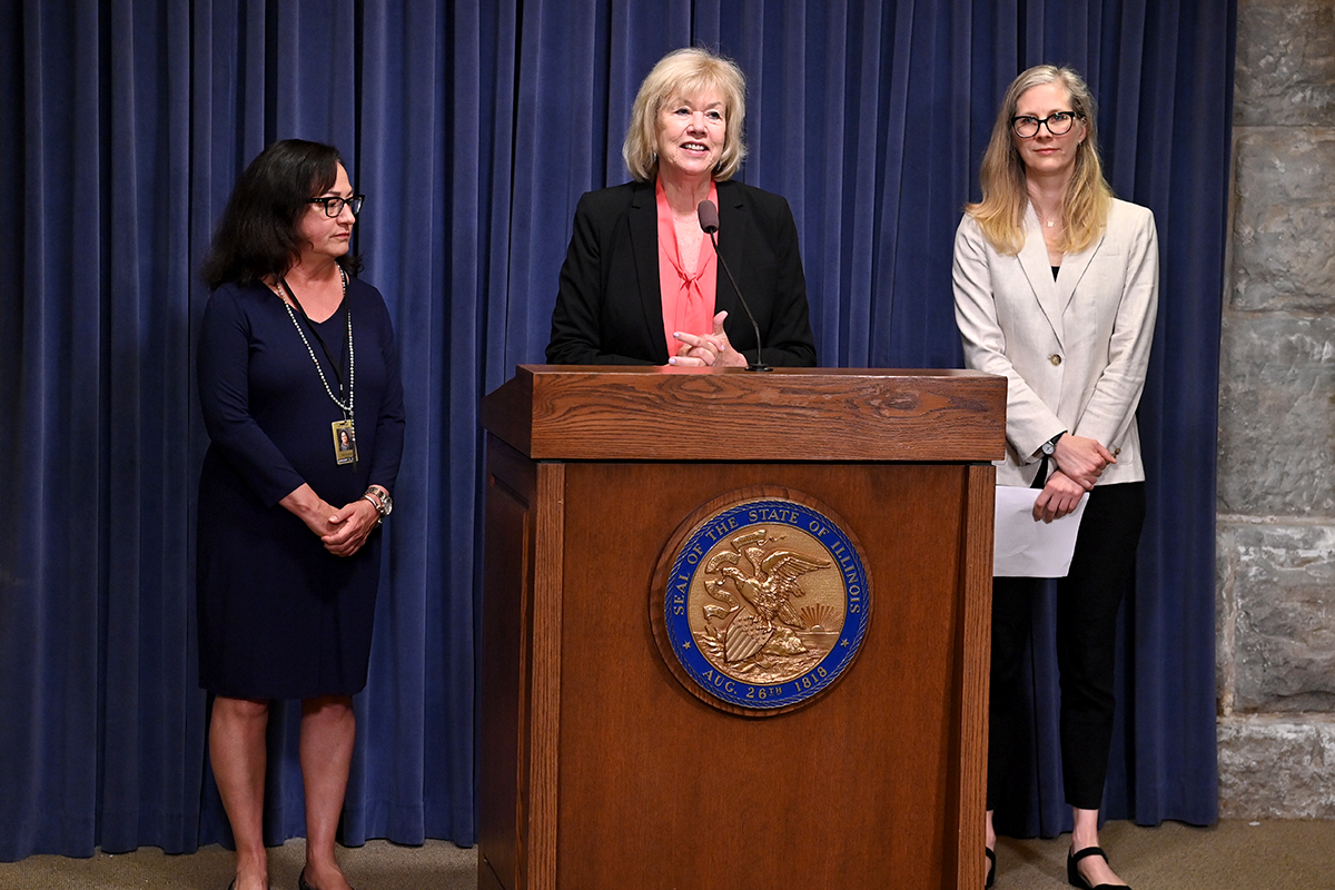 State Senator Julie Morrison giving a press conference